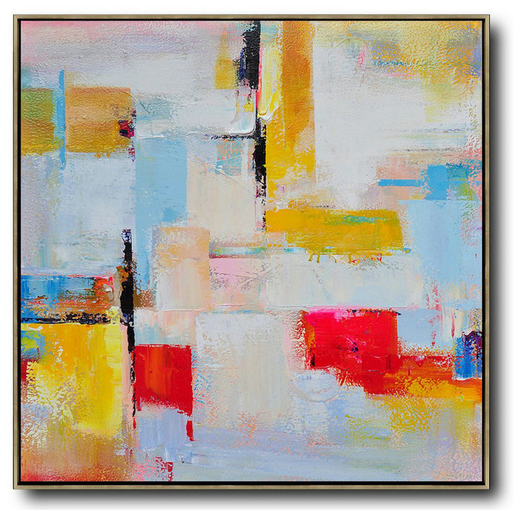 Oversized Palette Knife Painting Contemporary Art On Canvas,Canvas Paintings For Sale,Grey,Yellow,Red,Sky Blue
